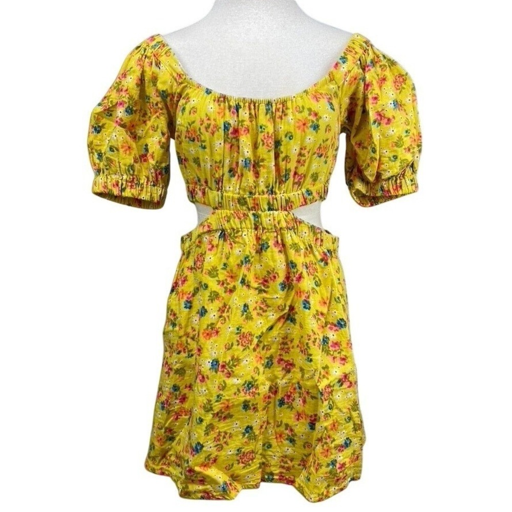 BILLABONG Womens Dress (L) Yellow Floral Puff Sleeve Cut Out Mini Beach Resort